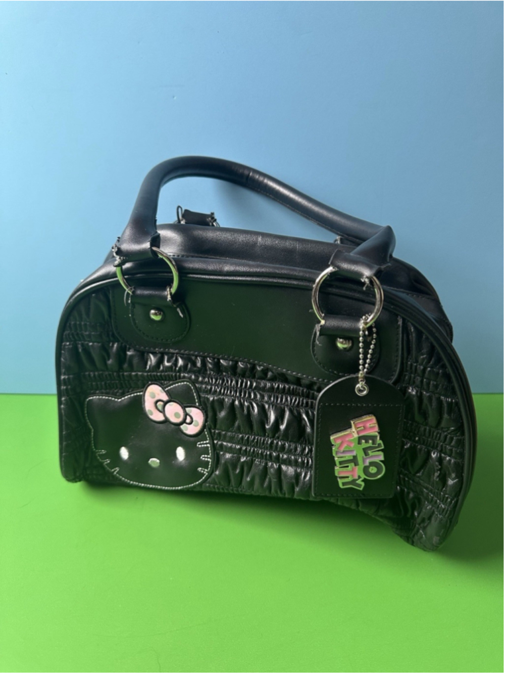 Sanrio Hello Kitty 2011 Black Quilted Bow Handbag Y2K Purse READ DESCRIPTION